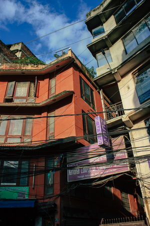 Kathmandu Nepal September 8, 2018 View of the facade of a traditional Nepalese building in the streets of Kathmandu in the eveningのeditorial素材