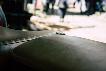 Kathmandu Nepal September 8, 2018 Closeup of a Royal Enfield motorcycle parked in the street of Kathmandu in the afternoonのeditorial素材
