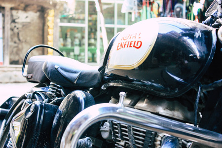 Kathmandu Nepal September 8, 2018 Closeup of a Royal Enfield motorcycle parked in the street of Kathmandu in the afternoonのeditorial素材