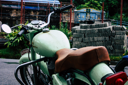 Kathmandu Nepal September 11, 2018 Closeup of a Royal Enfield motorcycle parked in the street of Kathmandu in the afternoonのeditorial素材