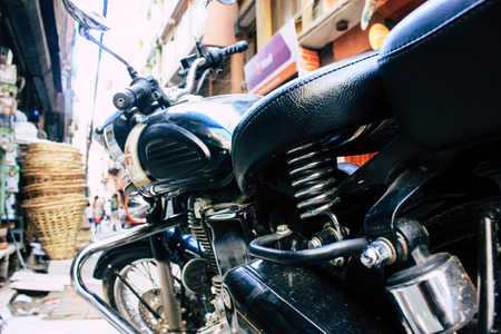 Kathmandu Nepal September 8, 2018 Closeup of a Royal Enfield motorcycle parked in the street of Kathmandu in the afternoonのeditorial素材