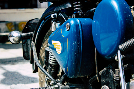 Pokhara Nepal September 12, 2018 Closeup of a Royal Enfield motorcycle parked in the street of Pokhara in the afternoonのeditorial素材