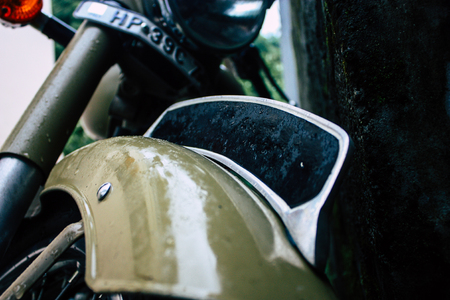 Kathmandu Nepal September 11, 2018 Closeup of a Royal Enfield motorcycle parked in the street of Kathmandu in the afternoonのeditorial素材