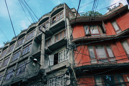 Kathmandu Nepal September 8, 2018 View of the facade of a traditional Nepalese building in the streets of Kathmandu in the eveningのeditorial素材