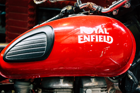 Kathmandu Nepal September 8, 2018 Closeup of a Royal Enfield motorcycle parked in the street of Kathmandu in the afternoonのeditorial素材