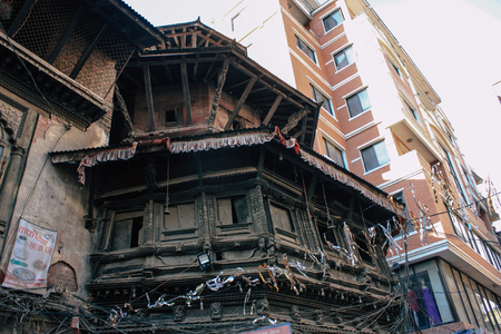 Kathmandu Nepal September 8, 2018 View of the facade of a traditional Nepalese building in the streets of Kathmandu in the eveningのeditorial素材
