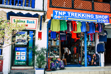 Pokhara Nepal September 13, 2018 View of the facade of a Nepalese shop located in New road street at Lake side Pokhara in the morningのeditorial素材
