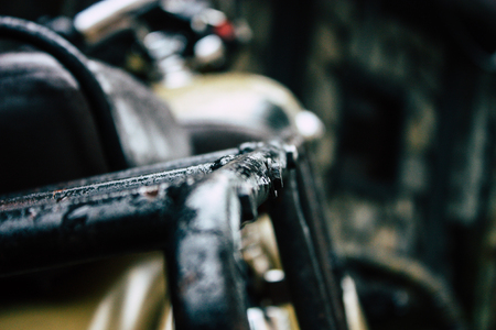 Kathmandu Nepal September 11, 2018 Closeup of a Royal Enfield motorcycle parked in the street of Kathmandu in the afternoonのeditorial素材