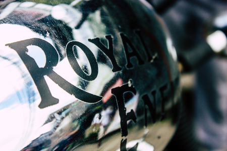 Pokhara Nepal September 12, 2018 Closeup of a Royal Enfield motorcycle parked in the street of...