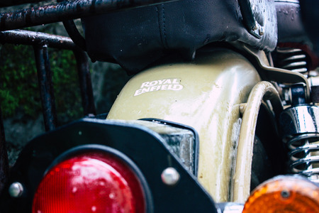 Kathmandu Nepal September 11, 2018 Closeup of a Royal Enfield motorcycle parked in the street of Kathmandu in the afternoonのeditorial素材