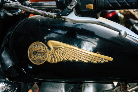 Kathmandu Nepal September 8, 2018 Closeup of a Royal Enfield motorcycle parked in the street of Kathmandu in the afternoonのeditorial素材