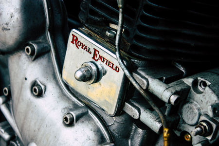 Pokhara Nepal September 12, 2018 Closeup of a Royal Enfield motorcycle parked in the street of...
