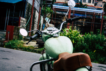 Kathmandu Nepal September 11, 2018 Closeup of a Royal Enfield motorcycle parked in the street of Kathmandu in the afternoonのeditorial素材