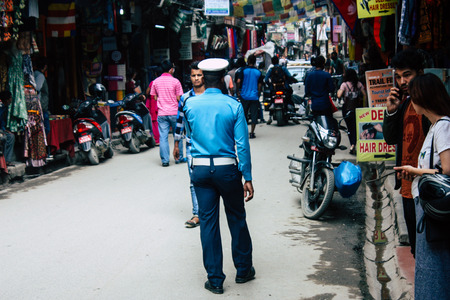 Kathmandu Nepal September 1, 2018 View of unknown Nepali police officer in Thamel street in Kathmandu in the morningのeditorial素材
