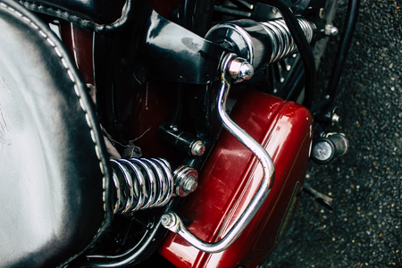 Nepal Pokhara September 12, 2018 Closeup of a Royal Enfield motorcycle parked in the street of Pokhara in the afternoonのeditorial素材