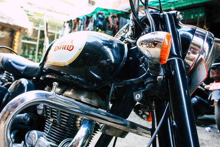 Kathmandu Nepal September 8, 2018 Closeup of a Royal Enfield motorcycle parked in the street of Kathmandu in the afternoonのeditorial素材