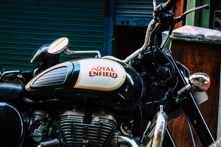 Kathmandu Nepal September 8, 2018 Closeup of a Royal Enfield motorcycle parked in the street of Kathmandu in the afternoonのeditorial素材