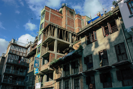 Kathmandu Nepal September 8, 2018 View of the facade of a traditional Nepalese building in the streets of Kathmandu in the eveningのeditorial素材