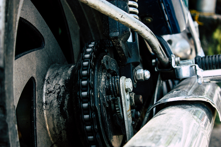 Pokhara Nepal September 12, 2018 Closeup of a Royal Enfield motorcycle parked in the street of Pokhara in the afternoonのeditorial素材