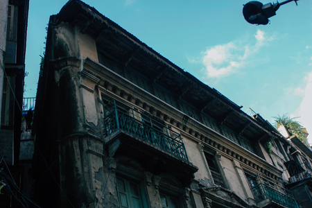 Kathmandu Nepal September 8, 2018 View of the facade of a traditional Nepalese building in the streets of Kathmandu in the eveningのeditorial素材