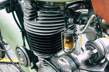 Kathmandu Nepal September 11, 2018 Closeup of a Royal Enfield motorcycle parked in the street of...