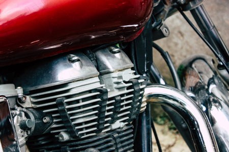 Kathmandu Nepal September 8, 2018 Closeup of a Royal Enfield motorcycle parked in the street of Kathmandu in the afternoonのeditorial素材