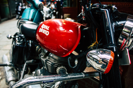 Kathmandu Nepal September 8, 2018 Closeup of a Royal Enfield motorcycle parked in the street of Kathmandu in the afternoonのeditorial素材