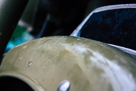 Kathmandu Nepal September 11, 2018 Closeup of a Royal Enfield motorcycle parked in the street of Kathmandu in the afternoonのeditorial素材
