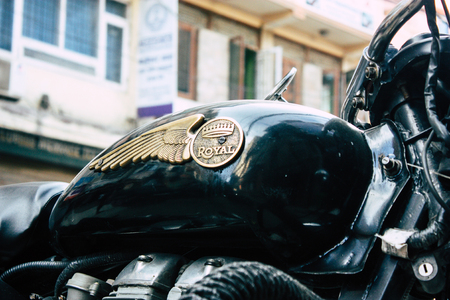 Kathmandu Nepal September 8, 2018 Closeup of a Royal Enfield motorcycle parked in the street of Kathmandu in the afternoonのeditorial素材