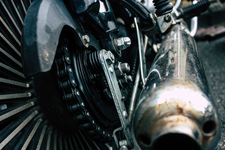 Nepal Pokhara September 12, 2018 Closeup of a Royal Enfield motorcycle parked in the street of Pokhara in the afternoonのeditorial素材