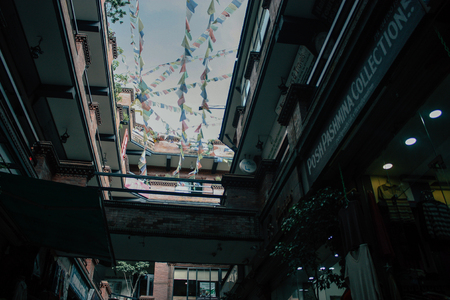 Kathmandu Nepal September 8, 2018 View of the facade of a traditional Nepalese building in the streets of Kathmandu in the eveningのeditorial素材