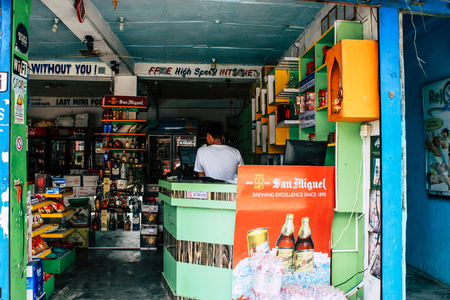 Pokhara Nepal September 13, 2018 View of the facade of a Nepalese shop located in New road street at Lake side Pokhara in the morningのeditorial素材
