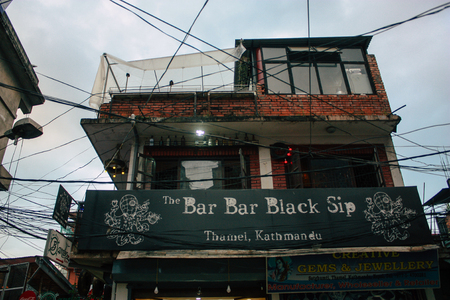 Kathmandu Nepal September 8, 2018 View of the facade of a traditional Nepalese building in the streets of Kathmandu in the eveningのeditorial素材