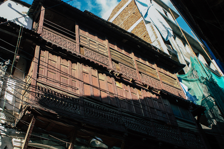 Kathmandu Nepal September 8, 2018 View of the facade of a traditional Nepalese building in the streets of Kathmandu in the eveningのeditorial素材