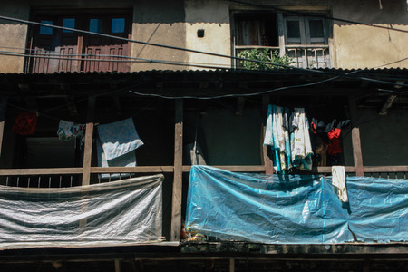 Kathmandu Nepal September 8, 2018 View of the facade of a traditional Nepalese building in the streets of Kathmandu in the eveningのeditorial素材
