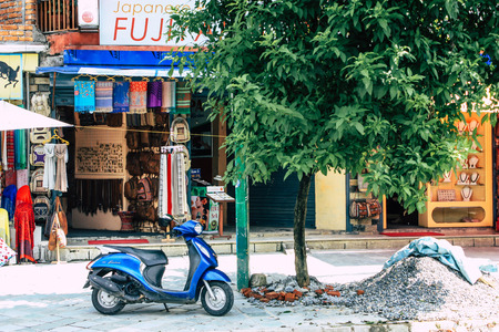 Pokhara Nepal September 13, 2018 View of the facade of a Nepalese shop located in New road street at Lake side Pokhara in the morningのeditorial素材