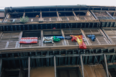 Kathmandu Nepal September 8, 2018 View of the facade of a traditional Nepalese building in the streets of Kathmandu in the eveningのeditorial素材