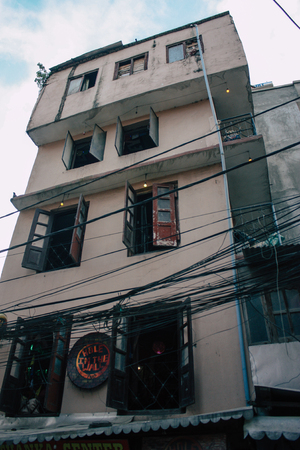 Kathmandu Nepal September 8, 2018 View of the facade of a traditional Nepalese building in the streets of Kathmandu in the eveningのeditorial素材