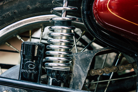 Kathmandu Nepal September 8, 2018 Closeup of a Royal Enfield motorcycle parked in the street of Kathmandu in the afternoonのeditorial素材
