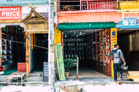 Pokhara Nepal September 13, 2018 View of the facade of a Nepalese shop located in New road street at Lake side Pokhara in the morningのeditorial素材