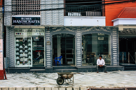 Pokhara Nepal September 13, 2018 View of the facade of a Nepalese shop located in New road street at Lake side Pokhara in the morningのeditorial素材