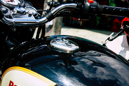 Pokhara Nepal September 12, 2018 Closeup of a Royal Enfield motorcycle parked in the street of Pokhara in the afternoonのeditorial素材