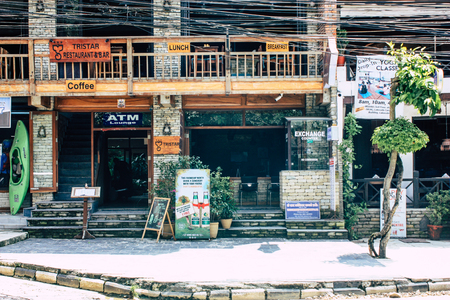 Pokhara Nepal September 13, 2018 View of the facade of a restaurant located in New road street at Lake side Pokhara in the morningのeditorial素材