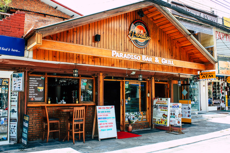 Pokhara Nepal September 13, 2018 View of the facade of a restaurant located in New road street at Lake side Pokhara in the morningのeditorial素材