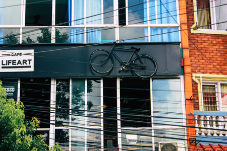 Pokhara Nepal September 13, 2018 View of the facade of a Nepalese shop located in New road street at Lake side Pokhara in the morningのeditorial素材