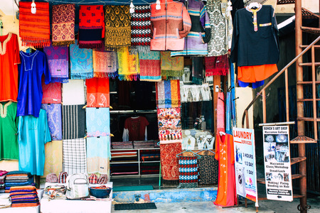 Pokhara Nepal September 13, 2018 View of the facade of a Nepalese shop located in New road street at Lake side Pokhara in the morningのeditorial素材