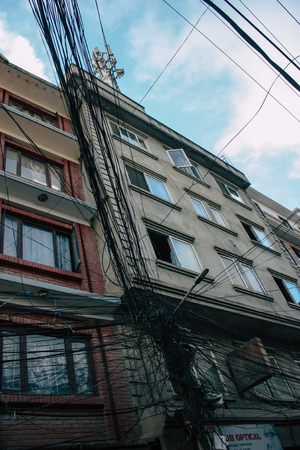 Kathmandu Nepal September 8, 2018 View of the facade of a traditional Nepalese building in the streets of Kathmandu in the eveningのeditorial素材