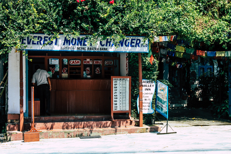 Pokhara Nepal September 13, 2018 View of the facade of a Nepalese shop located in New road street at Lake side Pokhara in the morningのeditorial素材