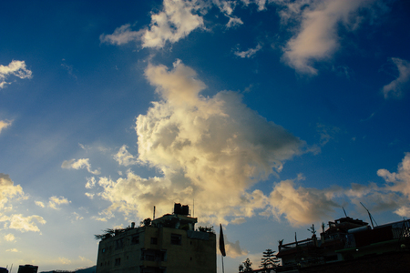 Kathmandu Nepal September 8, 2018 View of the facade of a traditional Nepalese building in the streets of Kathmandu in the eveningのeditorial素材