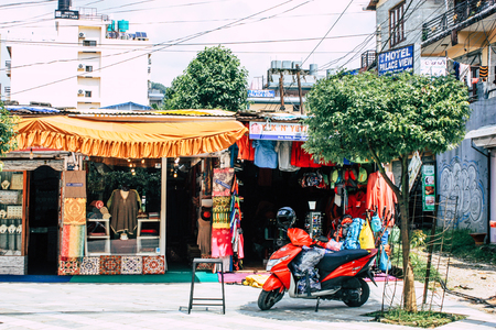 Pokhara Nepal September 13, 2018 View of the facade of a Nepalese shop located in New road street at Lake side Pokhara in the morningのeditorial素材